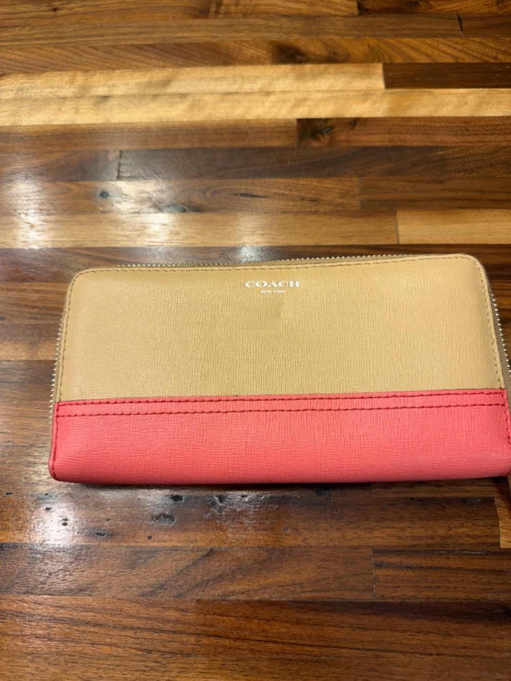 Coach Two-Tone Zip Wallet in Tan and Coral Pink